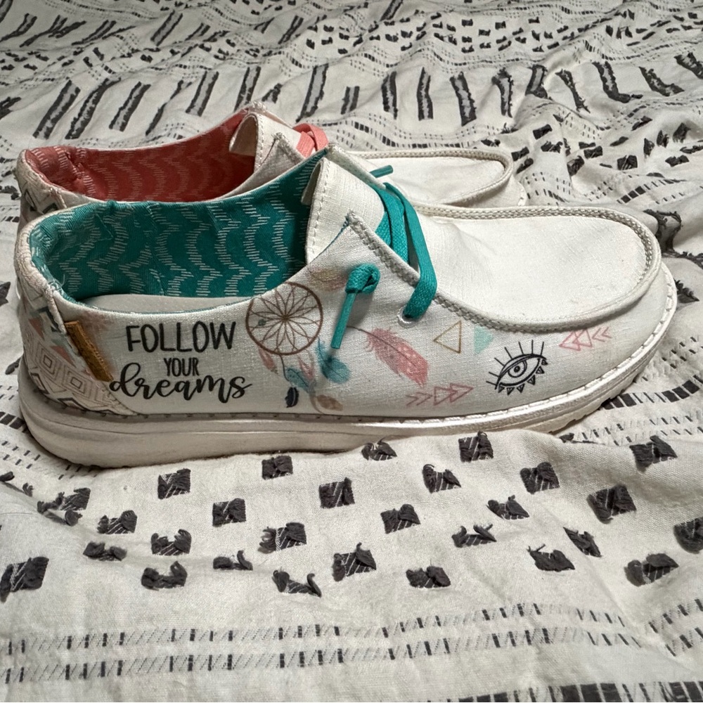Hey Dude White Slip-On Shoes with Teal and Pink Accent